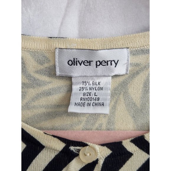 Oliver Perry Women's L Cardigan Silk Blend Black Cream Tropical Print Button Up - Picture 3 of 10